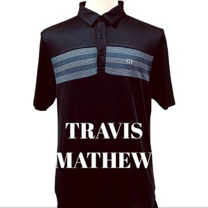 Men’s TravisMatthew Short Sleeve Polo Striped Emblem Across Chest Black Medium